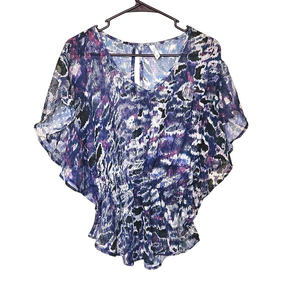 Xhiliration Size Medium M Purple Blue White Sheer Blouse Butterfly Sleeve Boho
